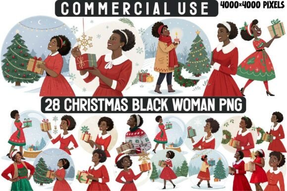 Black Woman Christmas Clipart PNG Bundle Review