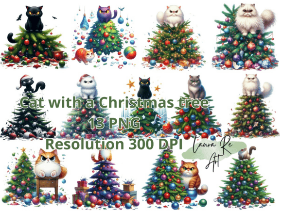 Cat with a Christmas Tree Illustrations