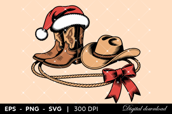 Christmas Cowboy Boots and Hat with Bow Illustrations