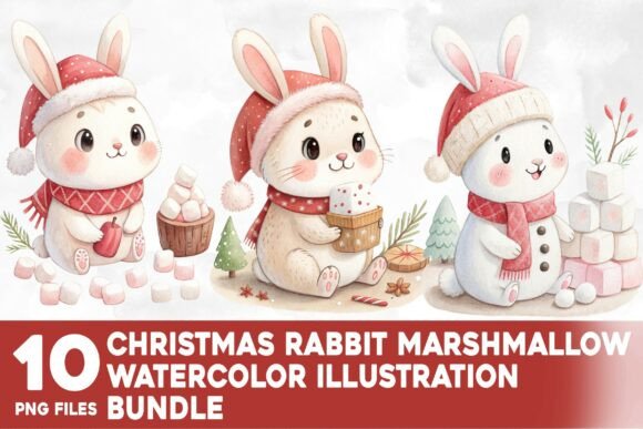 Christmas Rabbit Marshmallow Watercolor Illustrations