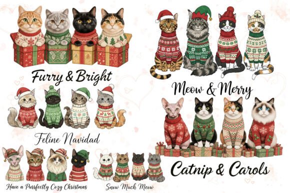 Festive Christmas Cats Wishes Clipart for Illustrations