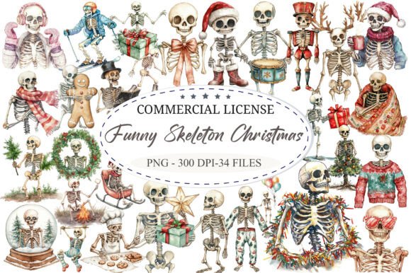 Funny Skeleton Christmas Clipart for Holiday Illustrations