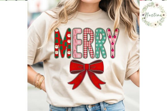 Merry Christmas Patchwork Bow PNG: Illustrations for Small Business Branding
