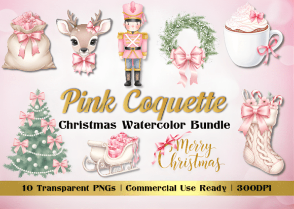 Pink Coquette Christmas Watercolor PNGs